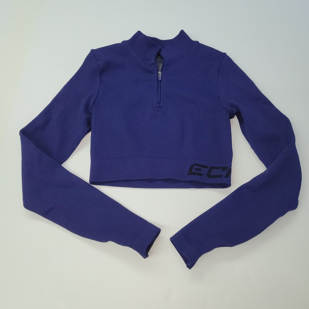ECHT Arise Style Quarter Zip Top Womens Medium Blue Ribbed Long Sleeve Crop Top